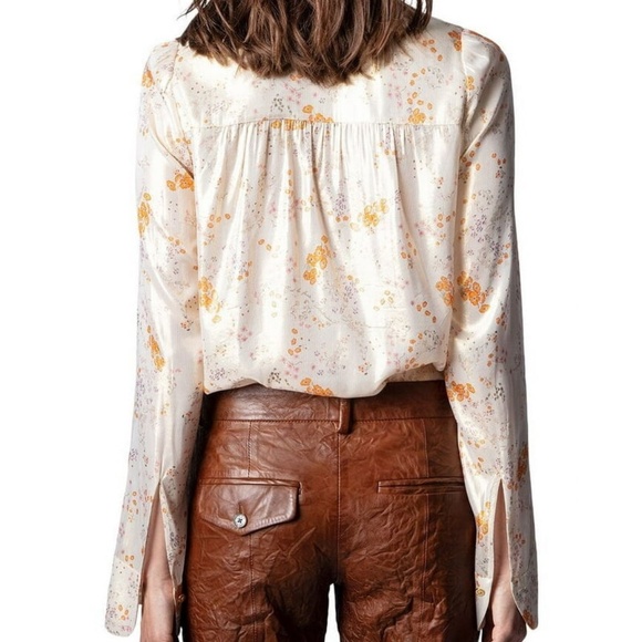 NWT Zadig & Voltaire Tioly Gold Lame Flowers Blouse Necktie Size XS 70s Boho - Picture 2 of 13